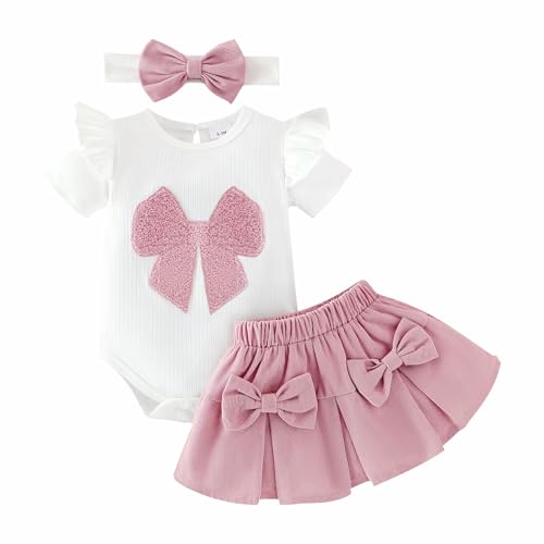 Image of DOMOABEI Baby Girl Clothes Summer Outfits Newborn Ruffled Short Sleeve Romper Cute Bows Skirt with Headband 3PCS 0-18 Months
