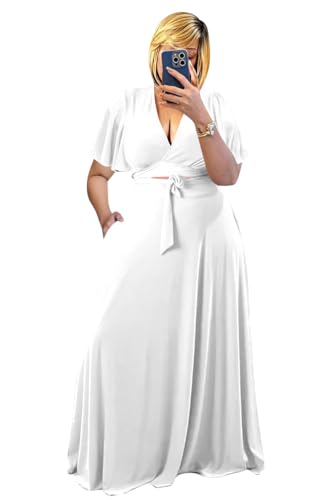Image of Plus Size Women's 2 Piece Outfits Casual Short Ruffle Sleeve Wrap Crop Top Maxi Long Dress Flowy Matching Sets