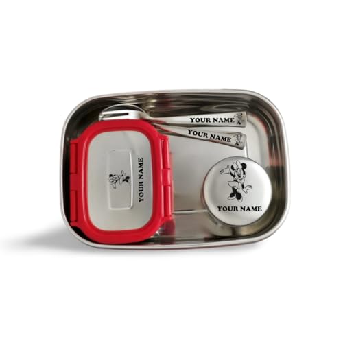 Image of ncgifts Personalized Lunch Box | Customized Tiffin | Personalized Stainless Steel Lunch Box | Your Child's Name and Favourite Character Engraved | for Scholl Students (Red)