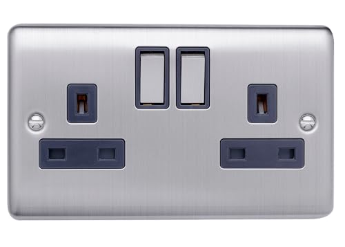Caradok 13A 2 Gang Switched Socket, Double Pole Brushed Chrome