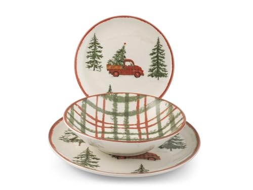 H&H Juego de Mesa Navideño 12 Piezas Adventure en Gres - Platos Planos, Sopas y Postres - Perfecto para Crear un Ambiente Acogedor para las Fiestas