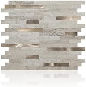 MileSun 10 Sheets Peel and Stick PVC Backsplash Mosaic Tile, 10.5 Inch x 11.5 Inch Stick on Tiles for Backsplash Kitchen, Bathroom, Laundry Room, Camper, Fireplace (Beige Marble with Real Metal)