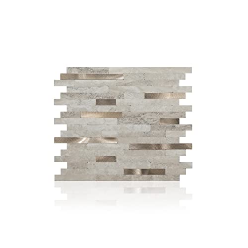 Milesun 10 Sheets Peel And Stick Pvc Backsplash Mosaic Tile, 10.5 Inch X 11.5 Inch Stick On Tiles For Backsplash Kitchen, Bathroom, Laundry Room, Camper, Fireplace (Beige Marble With Real Metal) #TOP25