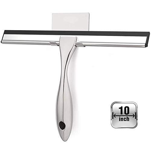 OPERNEE Shower Squeegee with Self Adhesive Hook, 10 Inches Stainless Steel Squeegee Cleaner