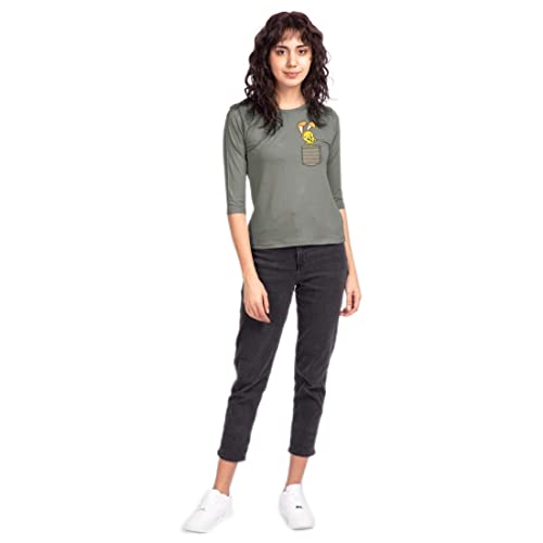 Image of Bewakoof Women's Cute Tweety Pocket 44624 Graphic Grey Round Neck Three-Fourth Sleeve T-Shirt