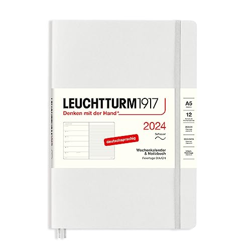 LEUCHTTURM1917 367769 Wochenkalender & Notizbuch Medium (A5) 2024, Softcover, Light Grey, Deutsch, 12 Monate