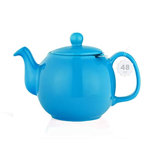 Image of SAKI Large Porcelain Teapot, 48 Ounce Tea Pot with Infuser, Loose Leaf and Blooming Tea Pot - Blue