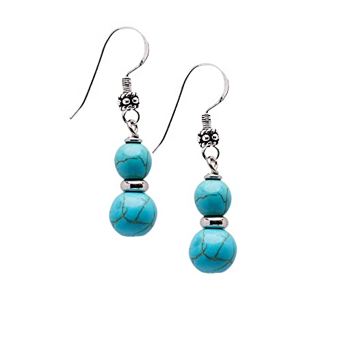 Boucles d'oreilles double perles en pierre naturelle et argent sterling pour femmes - Cadeau pour femmes et filles (Turquoise Bleu)