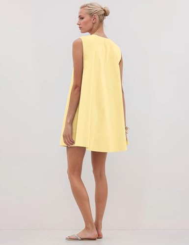 Image of Women Summer Sleeveless Babydoll Mini Dress Scoop Neck Loose Fit Tank Dresses Party Ruched Short Dress with Pockets