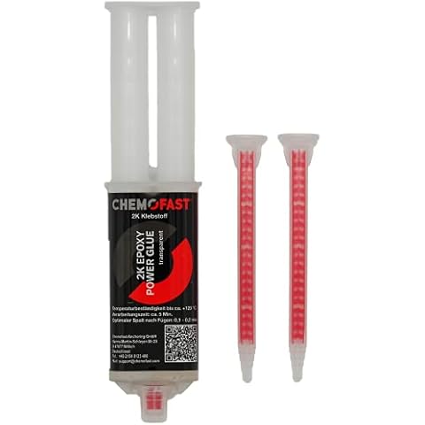 CHEMOFAST 2K Epoxy Power Glue, 2 Komponenten-Epoxidharz Kleber, Metall Stein Kunststoff, innen & außen, transparent, 25ml inkl. 2 Mischer Cover