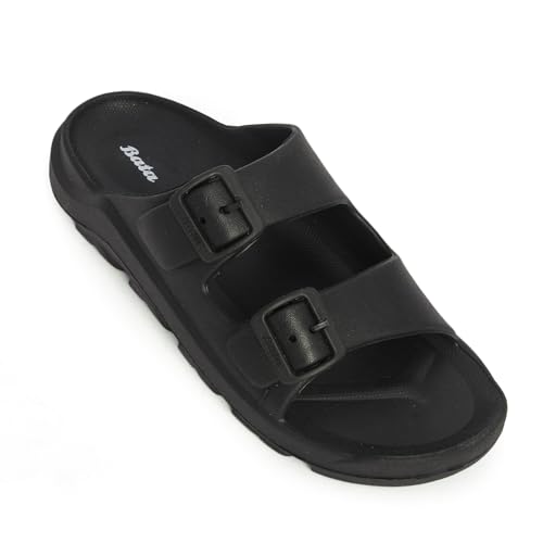 Image of Bata Men Black Comfort Sandals, Double Buckle Strap, EVA Material, Honeycomb Textured Sole, Casual Summer Waterproof Slides