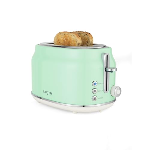 Salter Retro Green 2-Slice Toaster - Wide Slots, 6 Browning Levels, Defrost, Reheat & Cancel, High-Lift Eject, Removable Crumb Tray, Self-Centring, Anti-Jam Function, For Bagels, Vintage Design, 815W