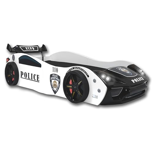 Aileenstore Autobett 90x200 Jungen Kinder Kinderbett Police Rennwagenbett inkl. Lattenrost LED-Leuchte Spoiler (ohne Matratze)