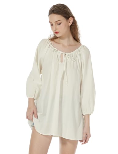 BEAUTELICATE Blusa vitoriana de algodão Top Boho renascentista com mangas 3/4 e cordões para gótico medieval e casual, Bege, L