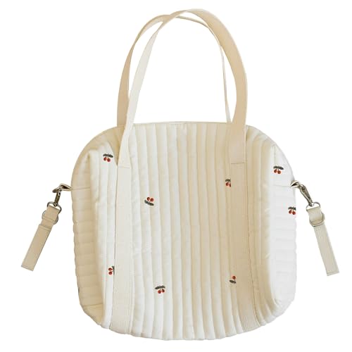 MAICOSY Quilted Cotton Baby Diaper Bag, Stroller Bag, White with Pattern, Adjustable Straps (Cherry mommy bag)