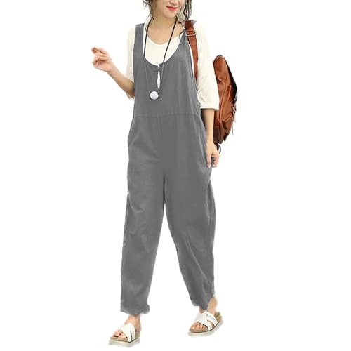 WSLCN - Salopette da donna in cotone, senza maniche Grigio scuro L