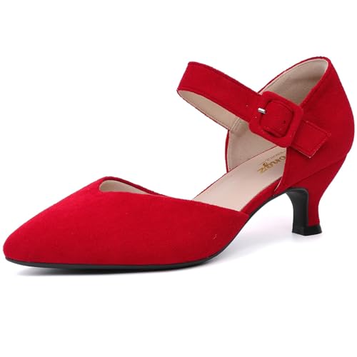 Image of RIBONGZ Comfortable Kitten Heels for Women Pointed Closed Toe Ankle Strap Buckle Heels Slip on Low Heel Church Pumps Wedding Bridal Party Dressy Shoes
