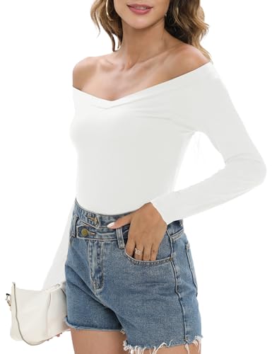 Image of Sarin Mathews Womens Shirts Off The Shoulder Tops Sexy V Neck Slim Fit Shirts Tops Blouses