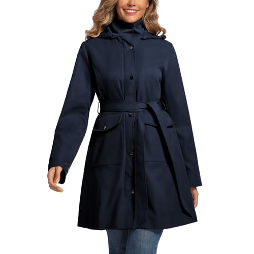 PUREPEAR Damen-Trenchcoat, wasserdicht, Regenjacke, regenblockierende Krempe, abnehmbare Kapuze, Regenmantel mit Gürtel, Outdoor-Reisen, Dunkelblau, S