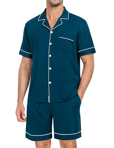 Image of SWOMOG Mens Pajama Set Short Sleeve 2 PCS Sleepwear Button Down Soft Loungewear Modal Set Pj Set with Pockets S-3XL
