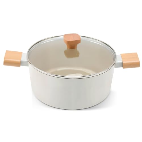 Yuehuam Pentola in ceramica antiaderente, pentola per stufato a induzione, con coperchio, pentola con manico per rimanere fresco, casseruola bianca