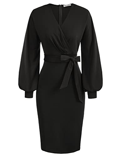 Vestido Elegante de Manga Larga para Mujer con cinturón Tejidos Vestido de Noche Negro Manga Larga S