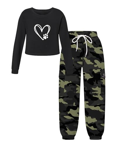 Image of Betusline Girls Fall Winter Clothing Sets, Long Sleeve Crop Top & Cargo Jogger Pants 2 Piece Outfit Sets,4T-14Y