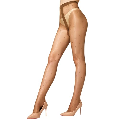 Image of Yilanmy Shiny Polka Dot Patterned Tights for Women Sheer Shimmer Pantyhose 20D High Waist Heart Stockings