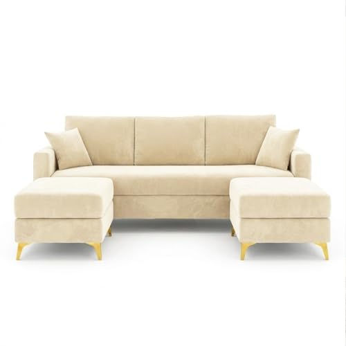 Image of SOCOZI Bravelle 3 Seater Modular Sofa Set with 2 Ottoman | Soft Velvet Suede Fabric | Modern Design | Plush Comfort Cushions for Living Room (Cream)