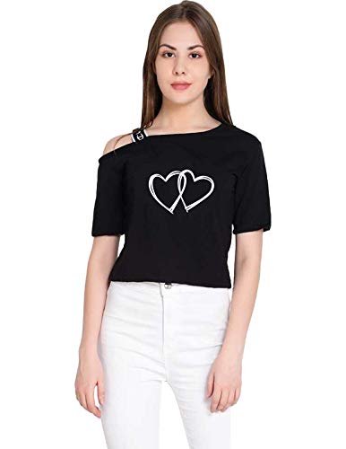 Crazyinkdouble Heart Printed Black Crop Top For Women One Side