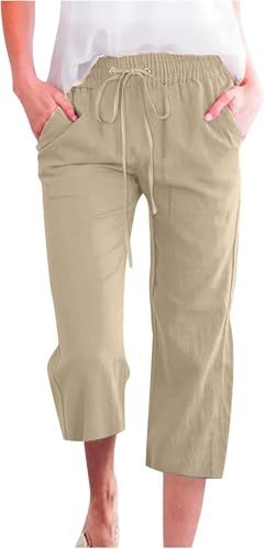 Linen Pants Women，Women Capri Pants, Casual Wide Leg, Elastic Drawstring Waist, Summer Straight Fit