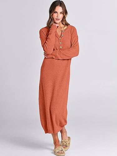 Image of ANRABESS Women Long Sleeve Button V Neck Oversized Casual Loose Fit Waffle Knit Fall Midi Sweater Dress 2026 Trendy Outfits