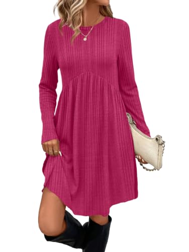 Image of OFEEFAN Long Sleeve Dress for Women Crew Neck Empire Waist Tunic Dress with Pockets