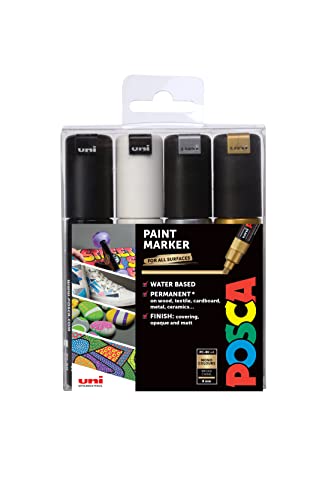 POSCA PC-8K Permanent Marker Paint Pens. Chisel Tip for Art & Crafts. Multi Surface Use On Wood Metal Paper Canvas Cardboard Glass Fabric Ceramic Rock Pebble Stone Porcelain. Set of 4 Mono Colours