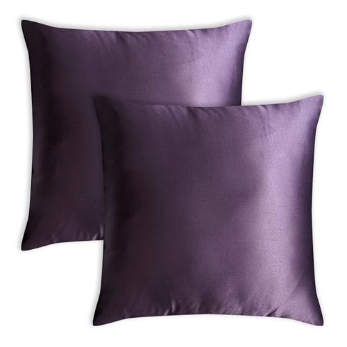 AVKA Studio Heavy Quality Satin Throw Pillow Covers - Dark Purple - Set of 2-12x12 Decorative Pillow Covers - with Lining and Zipper Closure - Faux Silk Luxury Toss Pillows for Couch Sofa - No Insert