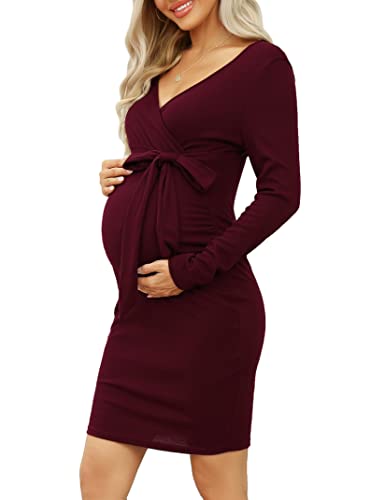 KOJOOIN Damen Umstandskleid Enge Langarm Stillkleid V-Ausschnitt Schwangere Kleider Mutterschaft Schwangerschaft Knielanges Partykleid mit Gürtel...
