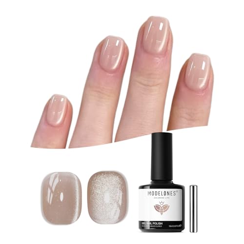 Image of modelones Silk Cat Eye Gel Nail Polish,Pearl Nude Gel Polish Glitter Glass Polish with Magnet Soak Off Led Shimmer Shell Valentin 15 ML