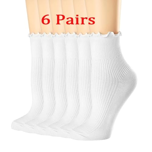 Cute Women's White Ruffle Socks: Frilly Ankle-Length, Breathable Cotton, Warm & Soft Casual Crew Socks for Women - 6 Pack