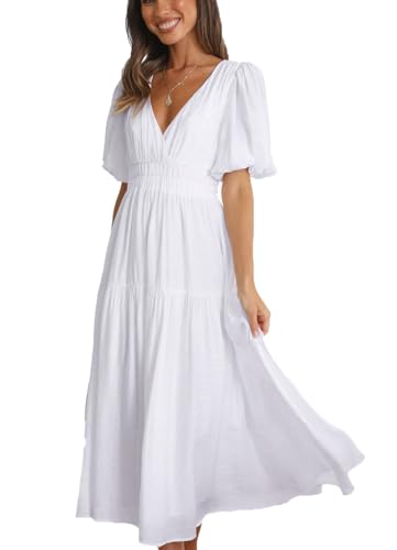 Image of Women's Summer Deep V Neck Puff Short Sleeve Tiered Maxi Dress Flowy A Line Long Dresses