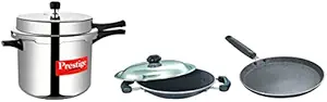 Prestige Outer Lid Pressure Cooker, 10 Litres, Silver&Prestige Omega Deluxe Granite Dosa Tawa, 28 cm, Black&Prestige Omega Select Plus Aluminium Residue with Lid, 20 cm, Black