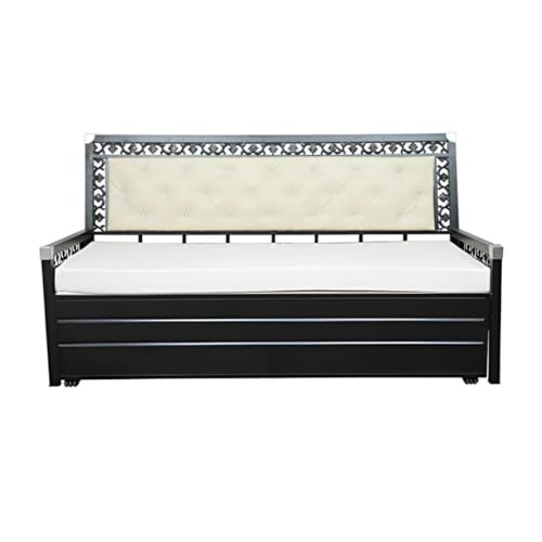 Image of Rexo Metal Sofa Cum Bed with Hydraulic Storage | 3 Seater Convertible Sofa Bed for Living Room | Heavy Duty Metal FrameMatte Black Finish with White Cushion, Single