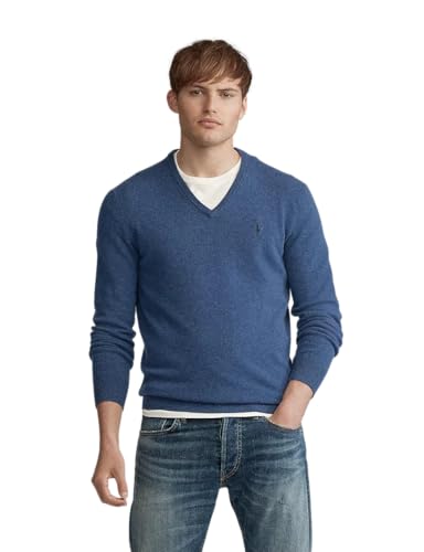 POLO RALPH LAUREN Mens Washable Merino Wool V-Neck Sweater (Blue HTR, 2XL)