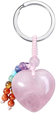 Jovivi Natural Rose Quartz Crystal Heart Love Stone Keychain 7 Chakra Reki Healing Crystal Gemstone Beads Tassel Keyring for Women Mom Mothers Day Gifts