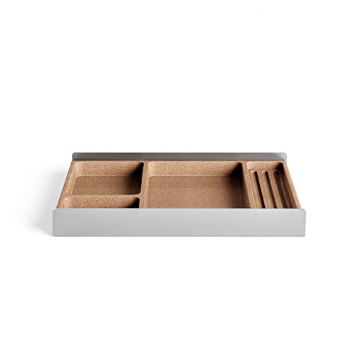 Desk Tray Organiser Drawer with Compartments Cork & Aluminium Catchall Valet Pen Tray for Cockpit Setup Desktop Storage Stationery Organizer (Light)