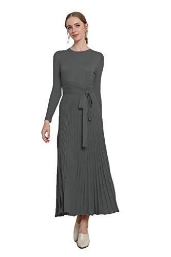 Image of Women's Long Knit Crewneck Sweater Dress Tie Waist A-Line Swing Pleated Bodycon