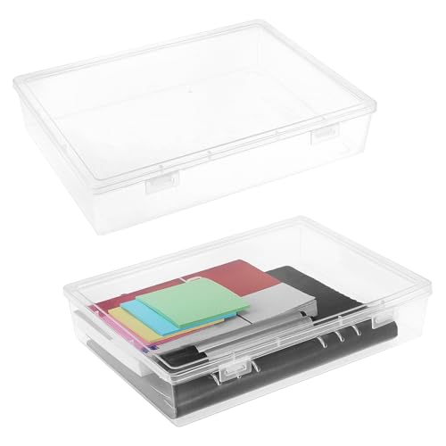 QWORK Plastic Storage Stackable Container Bin Organizer Box with Hinged Lid – 2 Pack Multi-Purpose Clear Storage Solution for Home, Office, and Kitchen Organization