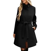 Womens Stylish Coat Wool Midi Jacket Stand Collar with Belt Coats Casual Long Sleeve Outfits Winter Slim Overcoat
