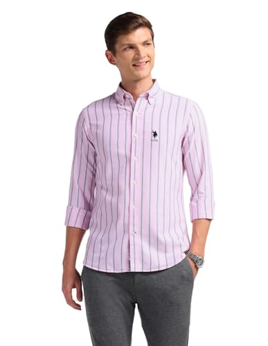 Image of U.S. Polo ASSN. Striped Regular Fit Cotton Shirts for Men - 100% Cotton, Full Sleeve Mens Casual Shirts
