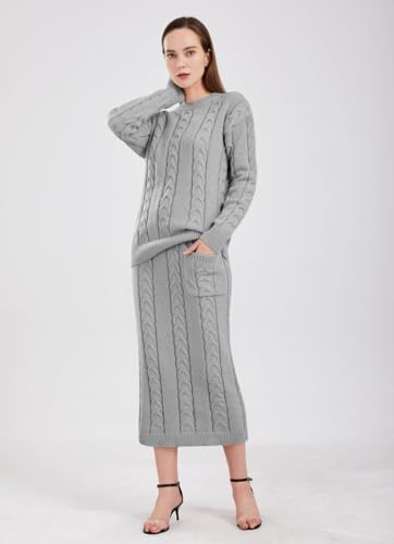 Image of chouyatou Women Winter Casual Chunky Cable Knit Long Pencil Skirt 2 Piece Outfit Oversized Pullover Sweater Sets