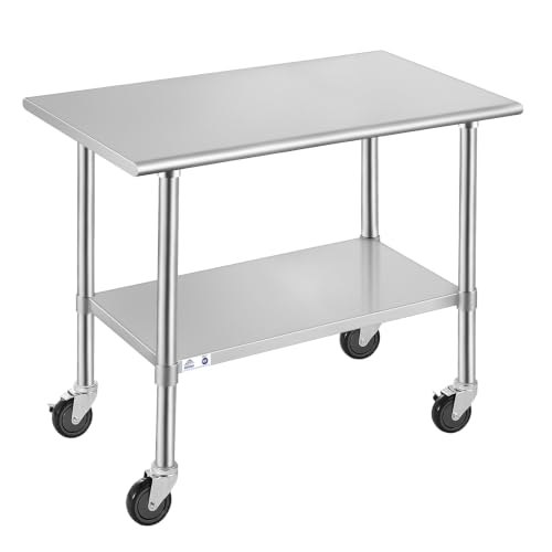 Image of ROCKPOINT Stainless Steel Table for Prep & Work with Caster Wheels 24x48 Inches, NSF Metal Commercial Kitchen Heavy Duty Table with Adjustable Under Shelf and Table Foot for Restaurant, Home and Hotel